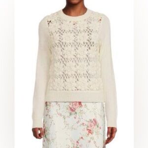 NWT Size S Lea & Viola Cream Floral Crochet Crewneck Sweater Wool Blend